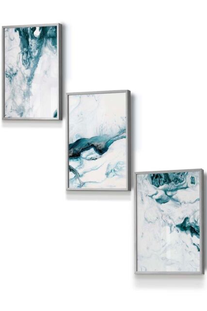 ARTZE Teal Blue Abstract Ocean Waves Framed Wall Art - Small in Light Grey - Size: W33 cm x H45 cm x D20mm - image 1