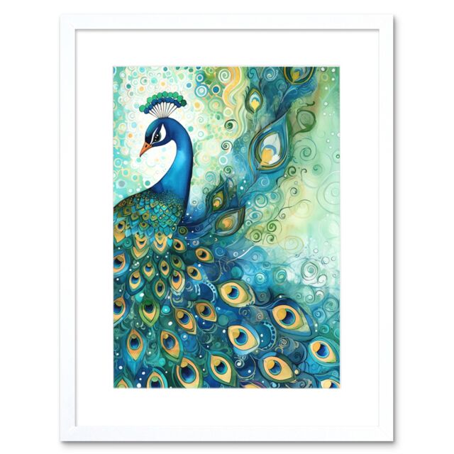 "Artery8 Wall Art Print Peacock Bird Concept Folk Art Watercolour Painting Artwork Framed 9X7 Inch in White - Size: W7"" x H9""" - image 1