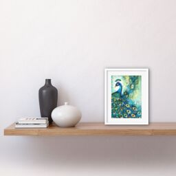 "Artery8 Wall Art Print Peacock Bird Concept Folk Art Watercolour Painting Artwork Framed 9X7 Inch in White - Size: W7"" x H9""" - thumbnail 2