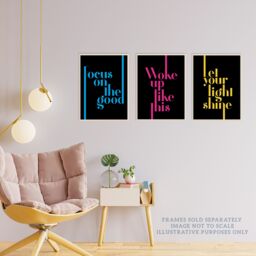 Artery8 Wall Art Print Pack of 3 A4 Neon Typography Let Your Light Shine Woke Up Like This Focus On the Good Motivational Fun Quote Living Room s Set - thumbnail 3