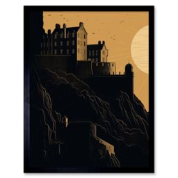 "Artery8 Wall Art Print Edinburgh Castle at Sunset Linocut Art Framed in Black - Size: W12"" x H16""" - thumbnail 1