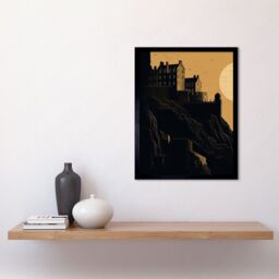 "Artery8 Wall Art Print Edinburgh Castle at Sunset Linocut Art Framed in Black - Size: W12"" x H16""" - thumbnail 2