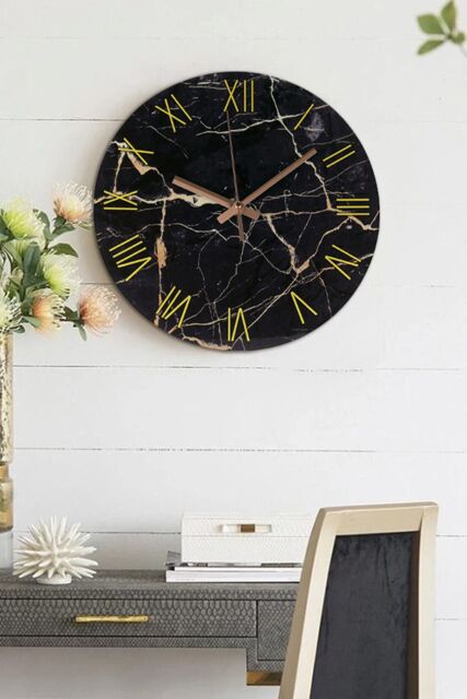 Living and Home Black Modern Marble Texture Clock Rustic Kitchen Decor 12 Inch Wall Clock - image 1