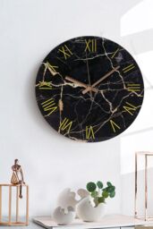 Living and Home Black Modern Marble Texture Clock Rustic Kitchen Decor 12 Inch Wall Clock - thumbnail 5