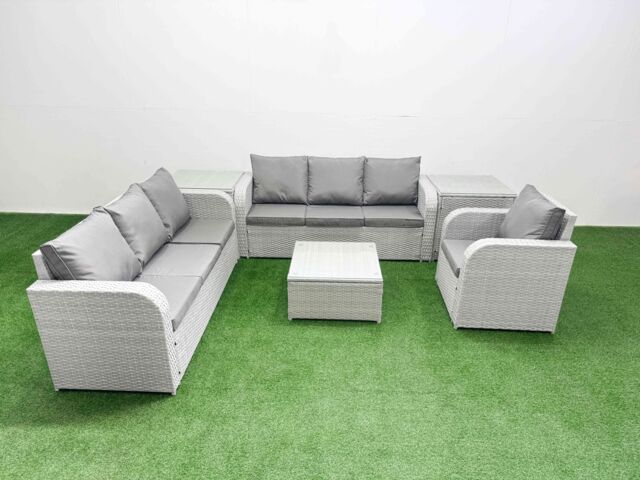 Fimous 7 Seater Poly Rattan Outdoor Garden Furniture Square Coffee Table Sofa Set Patio 3 Seater Sofa Reclining Chair 3 Seater Sofa 2 Side Table - image 1