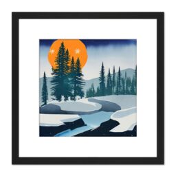 Artery8 Orange Moon Mountains Pine Forest Winter River Rocks Watercolour Square Wooden Framed Wall Art Print Picture 8X8 Inch in Black - thumbnail 1