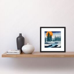 Artery8 Orange Moon Mountains Pine Forest Winter River Rocks Watercolour Square Wooden Framed Wall Art Print Picture 8X8 Inch in Black - thumbnail 2