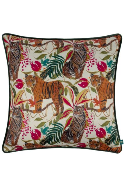 Wylder Tropics Kali Jungle Tigers Piped Satin Feel Polyester Filled Cushion in Ivory - Size: 43 cm x 43 cm - image 1