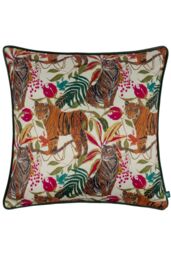 Wylder Tropics Kali Jungle Tigers Piped Satin Feel Polyester Filled Cushion in Ivory - Size: 43 cm x 43 cm - thumbnail 1