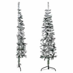 Berkfield Home Slim Artificial Half Christmas Tree with Flocked Snow 150 cm in Green - thumbnail 4