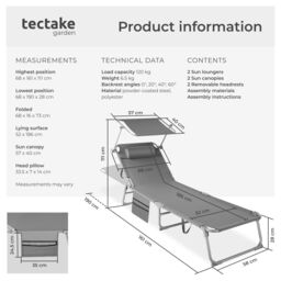 tectake Set Of 2 Sun Loungers in Grey - Size: 1 Seater - thumbnail 6