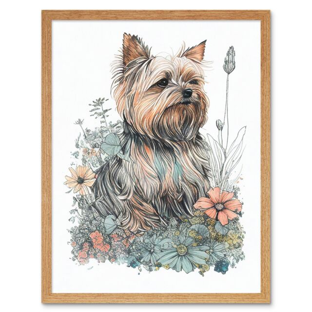 "Artery8 Wall Art Print Yorkshire Terrier Dog in Wildflowers Bright Watercolour Art Framed in Light Oak - Size: W12"" x H16""" - image 1