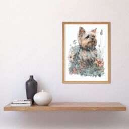 "Artery8 Wall Art Print Yorkshire Terrier Dog in Wildflowers Bright Watercolour Art Framed in Light Oak - Size: W12"" x H16""" - thumbnail 2