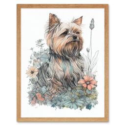 "Artery8 Wall Art Print Yorkshire Terrier Dog in Wildflowers Bright Watercolour Art Framed in Light Oak - Size: W12"" x H16""" - thumbnail 1