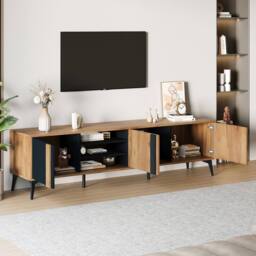 YMYNY 180cm TV Stand With 3 Cabinets, Open Shelves & Cable Access in Dark Brown - thumbnail 3