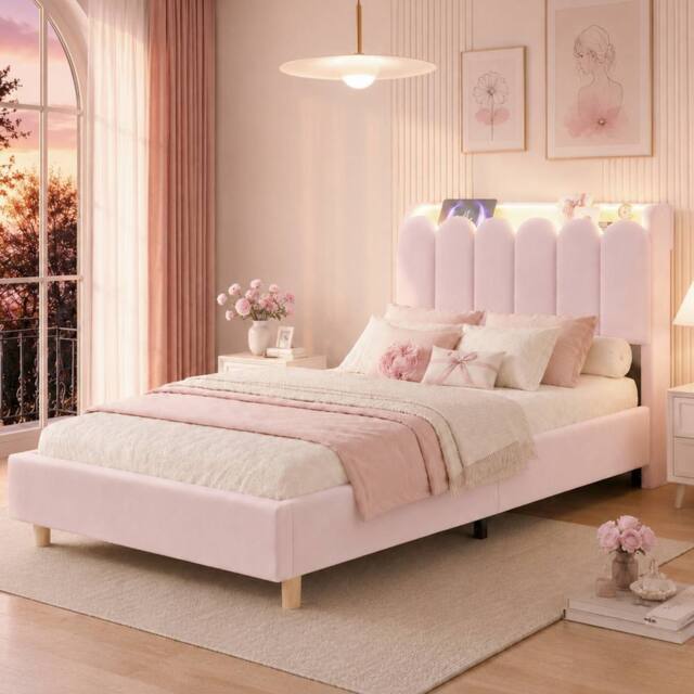Merax 3FT Single Upholstered Bed Velvet Storage Headboard in Pink - image 1