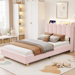Merax 3FT Single Upholstered Bed Velvet Storage Headboard in Pink - thumbnail 4
