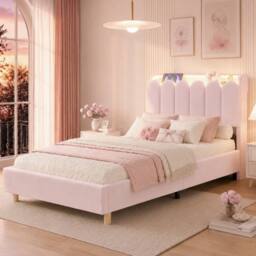 Merax 3FT Single Upholstered Bed Velvet Storage Headboard in Pink - thumbnail 1