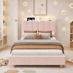 Merax 3FT Single Upholstered Bed Velvet Storage Headboard in Pink - thumbnail 3