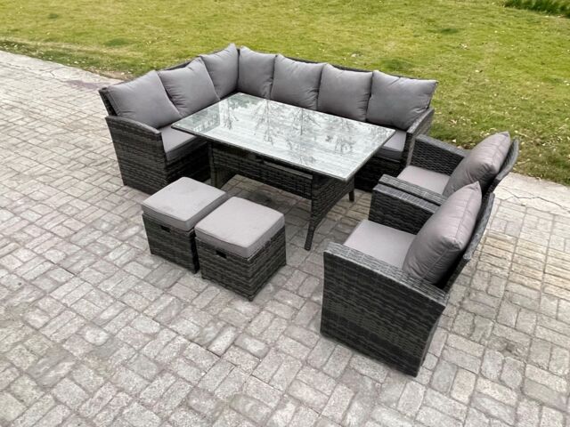 Fimous 10 Seater Outdoor Rattan Garden Furniture Set with Rectangular Dining Table 2 Small Footstool 2 Armchairs Patio Wicker in Dark Grey - image 1