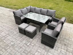 Fimous 10 Seater Outdoor Rattan Garden Furniture Set with Rectangular Dining Table 2 Small Footstool 2 Armchairs Patio Wicker in Dark Grey - thumbnail 1