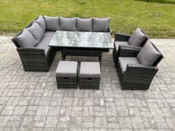 Fimous 10 Seater Outdoor Rattan Garden Furniture Set with Rectangular Dining Table 2 Small Footstool 2 Armchairs Patio Wicker in Dark Grey - thumbnail 2
