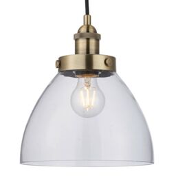 Loops Hanging Ceiling Pendant Light ANTIQUE BRASS & GLASS Shade Industrial Lamp Bulb in Clear