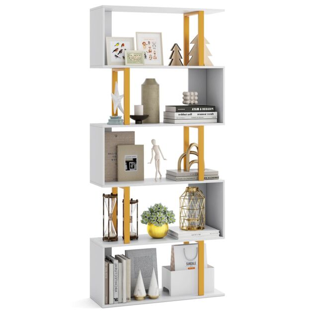 Costway 5-Tier Geometric Bookcase 157CM S-Shaped Bookshelf in White - image 1