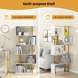 Costway 5-Tier Geometric Bookcase 157CM S-Shaped Bookshelf in White - thumbnail 5