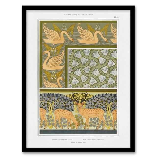 "Artery8 Swans Butterflies Deer Patterns Vintage Framed Wall Art Print Verneuil in Green - Size: W12"" x H16""" - image 1