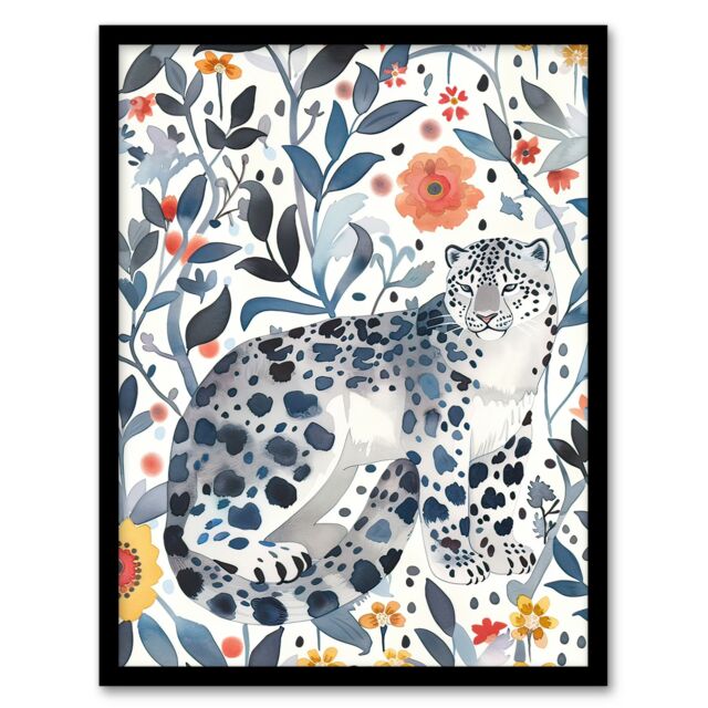 "Artery8 Snow Leopard Blue Orange Floral Watercolour Framed Wall Art - Size: W12"" x H16""" - image 1