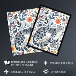 "Artery8 Snow Leopard Blue Orange Floral Watercolour Framed Wall Art - Size: W12"" x H16""" - thumbnail 2