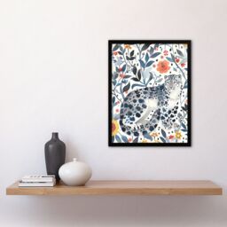 "Artery8 Snow Leopard Blue Orange Floral Watercolour Framed Wall Art - Size: W12"" x H16""" - thumbnail 4