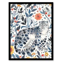 "Artery8 Snow Leopard Blue Orange Floral Watercolour Framed Wall Art - Size: W12"" x H16""" - thumbnail 1