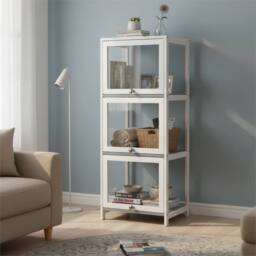 VOGREX Dustproof Bamboo Display Case, Blind Box Storage Rack Cabinet Shelf in White - thumbnail 3