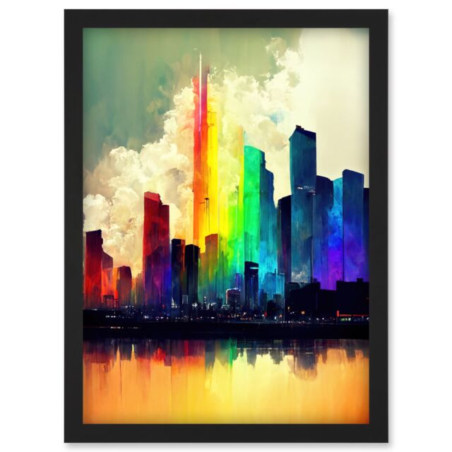 Artery8 Glass City Of Rainbow Reflections Cityscape Artwork Framed Wall Art Print A4 in Black - image 1