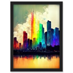 Artery8 Glass City Of Rainbow Reflections Cityscape Artwork Framed Wall Art Print A4 in Black - thumbnail 1