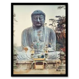 "Artery8 The Bronze Buddha at Kamakura Retro Japan Framed Wall Art Print Kazumasa in Blue - Size: W12"" x H16""" - thumbnail 1