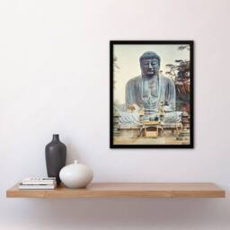 "Artery8 The Bronze Buddha at Kamakura Retro Japan Framed Wall Art Print Kazumasa in Blue - Size: W12"" x H16""" - thumbnail 4