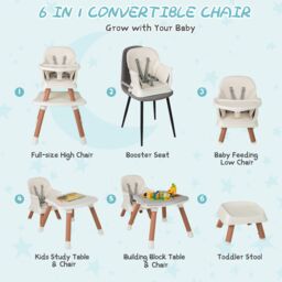 Costway 6-in-1 Baby High Chair Infant Feeding Chair Kids Stool with Removable Tray & Cushion in White - thumbnail 4