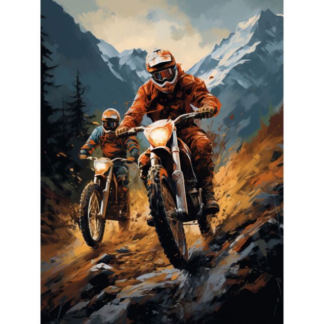 "Artery8 Wall Art Print Motocross Bikers Racing Action Shot Oil Painting Stone Blue Orange Scenic Mountain Landscape Poster - Size: W12"" x H16""" - image 1