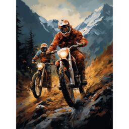 "Artery8 Wall Art Print Motocross Bikers Racing Action Shot Oil Painting Stone Blue Orange Scenic Mountain Landscape Poster - Size: W12"" x H16""" - thumbnail 1