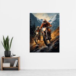 "Artery8 Wall Art Print Motocross Bikers Racing Action Shot Oil Painting Stone Blue Orange Scenic Mountain Landscape Poster - Size: W12"" x H16""" - thumbnail 2