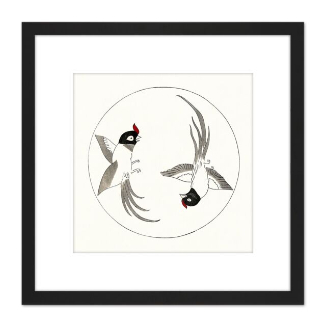 Artery8 Tomoki Rawpixel Birds Butterfly Japan Woodblock Illustration 8X8 Inch Square Wooden Framed Wall Art Print Picture with Mount in Black - image 1