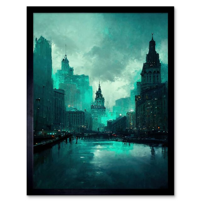 "Artery8 Wall Art Print Winter Teal New York Hudson River Cityscape Art Framed in Black - Size: W12"" x H16""" - image 1