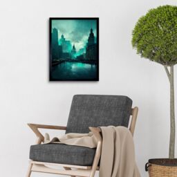 "Artery8 Wall Art Print Winter Teal New York Hudson River Cityscape Art Framed in Black - Size: W12"" x H16""" - thumbnail 2