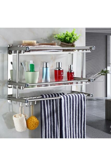 Living and Home 2-Tier Wall Mounted Stainless Steel Bathroom Shelf with Towel Bars in Silver - image 1