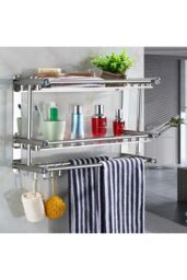 Living and Home 2-Tier Wall Mounted Stainless Steel Bathroom Shelf with Towel Bars in Silver - thumbnail 1