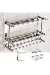 Living and Home 2-Tier Wall Mounted Stainless Steel Bathroom Shelf with Towel Bars in Silver - thumbnail 4