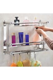 Living and Home 2-Tier Wall Mounted Stainless Steel Bathroom Shelf with Towel Bars in Silver - thumbnail 3